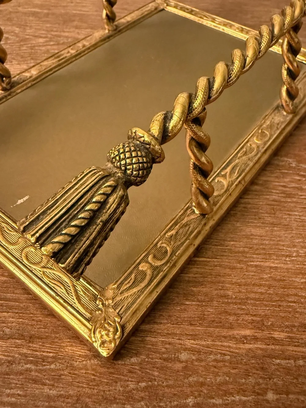 Vintage Brass Napkin Holder Mirrored Tray Tassel Handles Hollywood Regency Decor